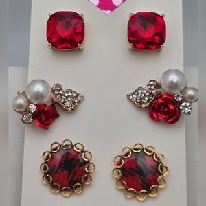 Vintage Set of 3 Red & Gold-Tone Crystal Flower Stud Earrings Roses Faux Pearl